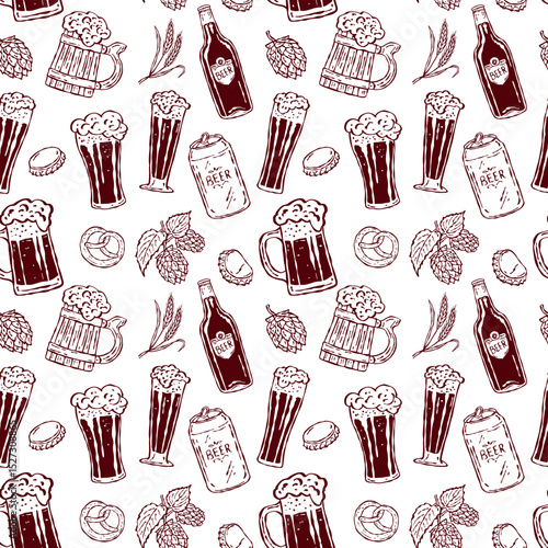 Seamless vector pattern with hand-drawn doodle brewery icons. Includes beer bottles, mugs, barrels, hops, malt, and glasses. Perfect for packaging, fabric, and bar-themed design