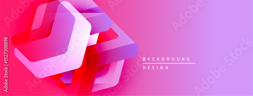Abstract geometric shapes, vibrant pinks, purples create dynamic background. Modern design suggests forward movement, depth.