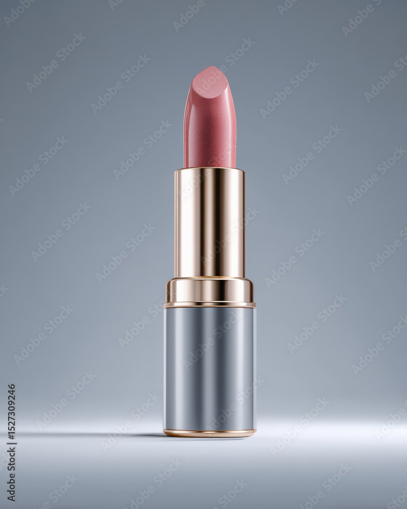 Modern lipstick in sleek silver and gold packaging, showcasing soft pink shade against neutral gray background. elegant design highlights beauty of product Modern lipstick in sleek silver and gold packaging, showcasing soft pink shade against neutral gray background. elegant design highlights beauty of product