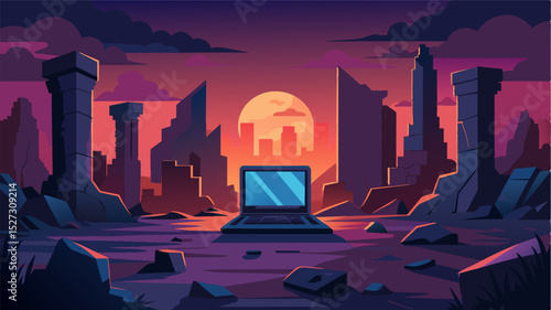 The ruins of an abandoned city were brought back to life by the glow of a digital nomads laptop screen sitting amidst the ancient buildings.. Vector illustration