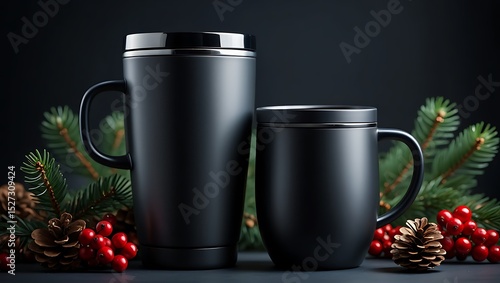 Sleek black mugs nestled amongst festive pine and berries