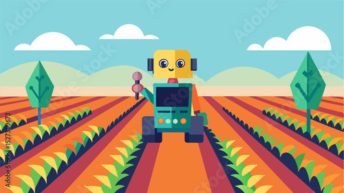 An AIpowered robot moves through rows of crops using its sensors to collect data and improve the accuracy of the harvest prediction model.. Vector illustration
