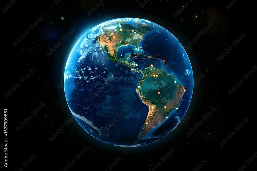 Obraz premium realistic Earth globe with glowing digital data streams and network connections across continents, high-tech global communication, dark background 