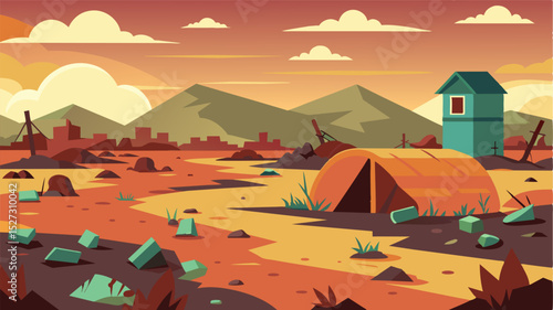 A once beautiful and orderly farm now resembles a chaotic wasteland piles of rotting crops tered haphazardly ast the destruction.. Vector illustration