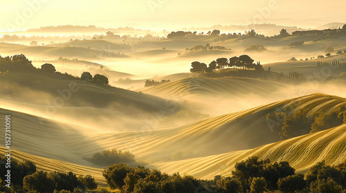 Scenic landscape of rolling hills and fields at sunrise or sunset with fog