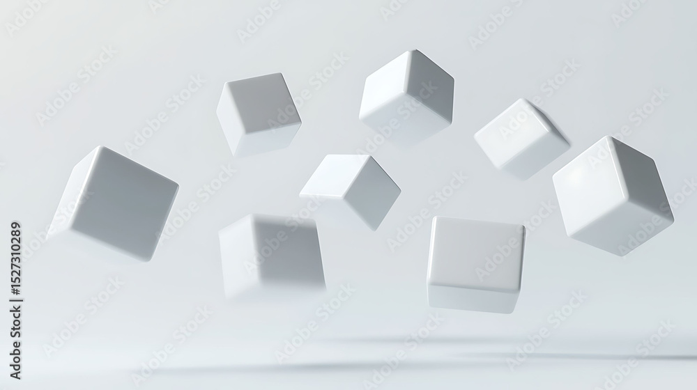 A collection of floating white cubes suspended above a white background, with soft shadows underneath, creating an illusion of depth and weightlessness, A collection of floating white cubes suspended above a white background, with soft shadows underneath, creating an illusion of depth and weightlessness,
