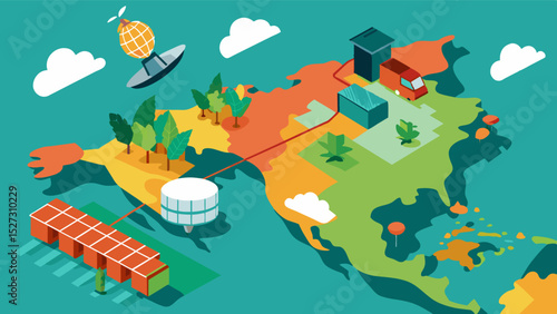 A satellite image of regions where crop production has been disrupted by trade limitations resulting in food scarcity.. Vector illustration