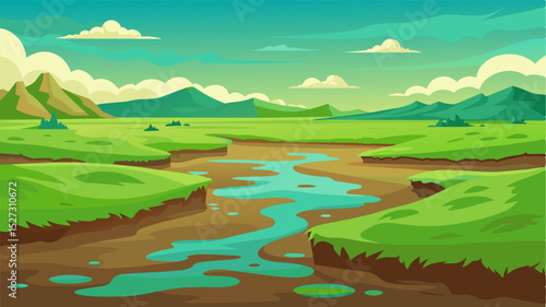 A vast expanse of green now obscured by a thick layer of muddy water.. Vector illustration