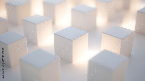 A perfectly symmetrical arrangement of white cubes, each cube standing on a clean white surface, with soft natural light illuminating the edges to highlight their pristine form,