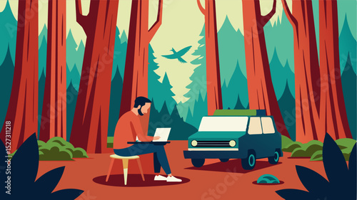 Surrounded by towering redwoods a writer types away on a vintage typewriter positioned on a makeshift desk inside a rustic campervan.. Vector illustration