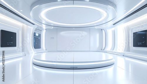 A futuristic, all-white, clean, and bright room with a circular stage, screens, and integrated lighting.