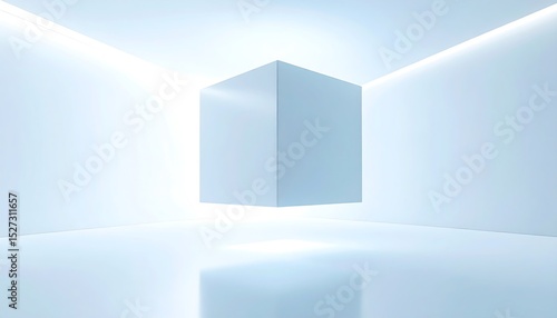 Wallpaper Mural A light blue cube floats in a bright white, futuristic abstract room, clean minimalist design. Torontodigital.ca