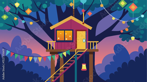 Colorful fairy lights strung up around the treehouse adding a touch of whimsy and creating a cozy ambiance for a freelancer to work in.. Vector illustration