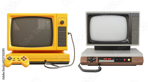 Retro television and vintage game console with joystick, transparent background