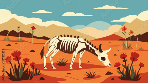 A gaunt cow skeleton lies in the arid field a stark contrast to the once flourishing grass and vibrant flowers that have now withered away leaving only death in their wake.. Vector illustration