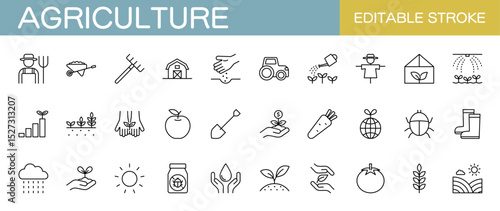 Agriculture line icons set – Includes farming, farmer, agricultural equipment  and crops. Editable stroke. Vector illustration.