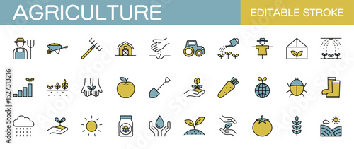 Agriculture line icons set – Includes farming, farmer, agricultural equipment  and crops. Editable stroke. Colored vector illustration.