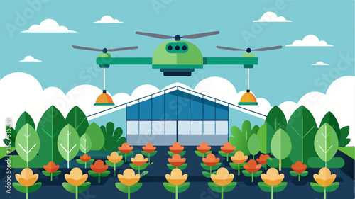 An illustration of an automated fertilizer drone hovering above different sections of the greenhouse spraying fertilizer onto the plants below.. Vector illustration
