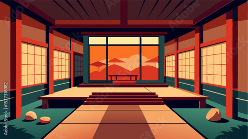 The traditional tatami flooring and sliding shoji doors of the ryokan make it the perfect setting for a workcation allowing me to immerse myself in Japanese culture while staying. Vector illustration