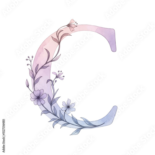 Floral gradient alphabet C with watercolour flowers and leaf on a transparent PNG Background. Monogram initials perfect for wedding invitations, greeting card, logo, poster and other design