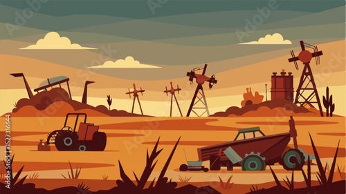 A series of photographs showcasing abandoned fields with rusted and unused farming machinery a clear indication of the impact of farmers leaving fields unplanted.. Vector illustration