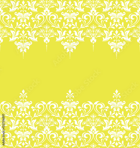 Wallpaper in the style of Baroque. White and yellow floral ornament. Seamless vector background. Graphic pattern for fabric, wallpaper, packaging. Ornate Damask flower illustration
