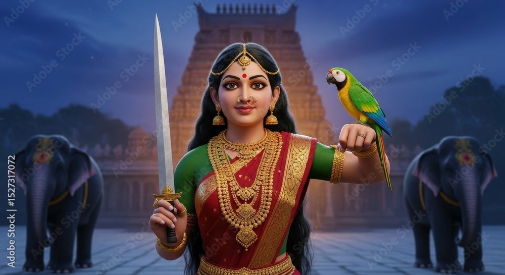 Fototapeta premium Indian goddess with sword parrot elephant temple hinduism divine mythology art