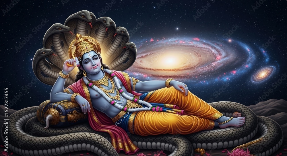 Obraz premium Vishnu hindu god hinduism sleeping on shesha naga galaxy hindu deity art