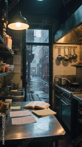 Rainy Day in a Cozy Restaurant Kitchen