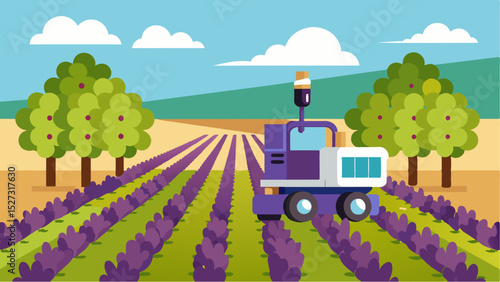 As the robotic harvester moves along the rows of g vines its onboard cameras capture images of the gs allowing for realtime monitoring and quality control.. Vector illustration