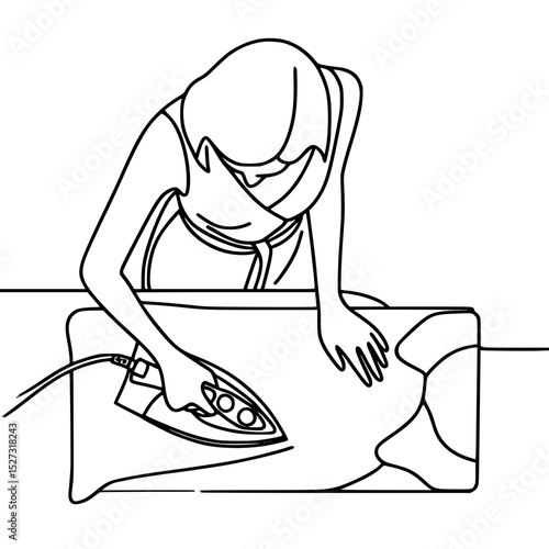 Woman ironing clothes with a steam iron on an ironing board - Concept of single line outline vector  