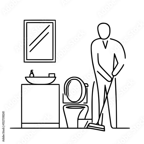 Man cleaning toilet with mop in bathroom - Concept of single line outline vector  