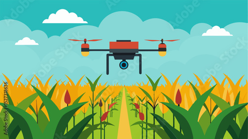 An autonomous drone equipped with thermal imaging technology hovers low over a corn field scanning for signs of heat generated by pest infestations. If detected the drone can. Vector illustration