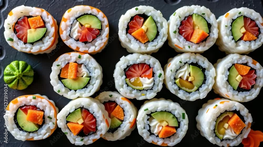 A platter of colorful sushi rolls with fresh vegetables and fish arranged neatly on a black surface. A platter of colorful sushi rolls with fresh vegetables and fish arranged neatly on a black surface.