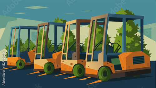 A row of abandoned forklifts their seats overgrown with weeds and their onceshiny paint now peeling and chipped a vivid display of the depots abrupt halt in operations.. Vector illustration