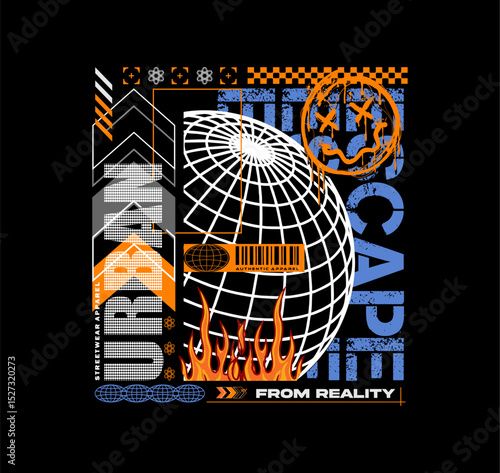 escape worldwide urban streetwear design with grunge textures and fire elements. perfect for t-shirts, hoodies, and posters – vector illustration