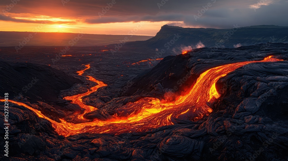 Fototapeta premium Molten Lava Stream Cutting Through Volcanic Rock at Sunset