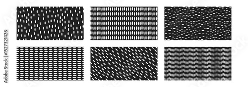 Small Dash or Dots Pattern. Ink abstract shapes. Seamless pattern with white crayon lines. Memphis style. Set of Vector Illustrations on black background.