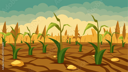 A barren field of beaten earth tered with desiccated corn cobs a stark reminder of a failed harvest.. Vector illustration