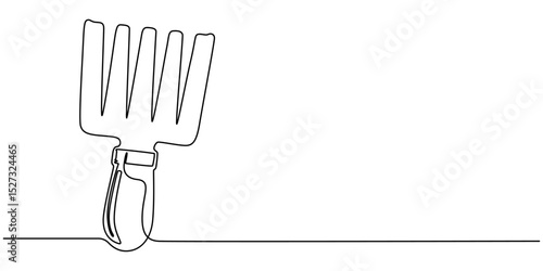 Gardening Fork or Hand Rake Single Line Drawing with Editable Stroke, Garden hand rake continuous one line drawing, Continuous one line drawing of gardener equipment in the bucket. Shovel, rake, glove