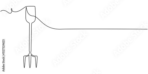 Gardening Fork or Hand Rake Single Line Drawing with Editable Stroke, Garden hand rake continuous one line drawing, Continuous one line drawing of gardener equipment in the bucket. Shovel, rake, glove
