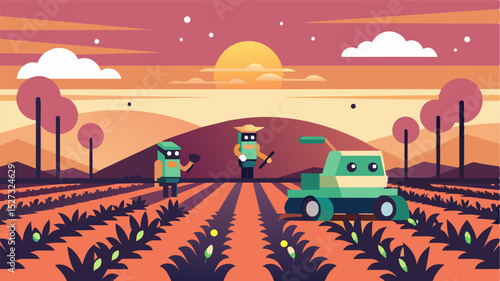As the sun sets behind them a team of autonomous weeding robots continue their work ensuring the farm is weedfree for the next day.. Vector illustration