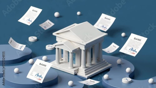 A white bank building model with columns surrounded by floating bank documents and spheres on a blue background.