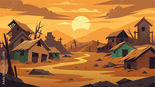 A gaunt figure huddled in a corner scavenging for scraps in a garbage dump.. Vector illustration