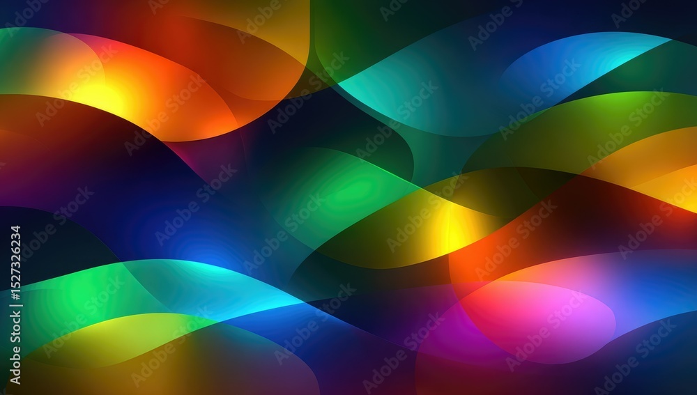 Abstract artwork featuring vibrant, flowing, translucent shapes in a spectrum of colors against a dark background. The shapes overlap and intertwine, creating a dynamic and energetic composition Abstract artwork featuring vibrant, flowing, translucent shapes in a spectrum of colors against a dark background. The shapes overlap and intertwine, creating a dynamic and energetic composition