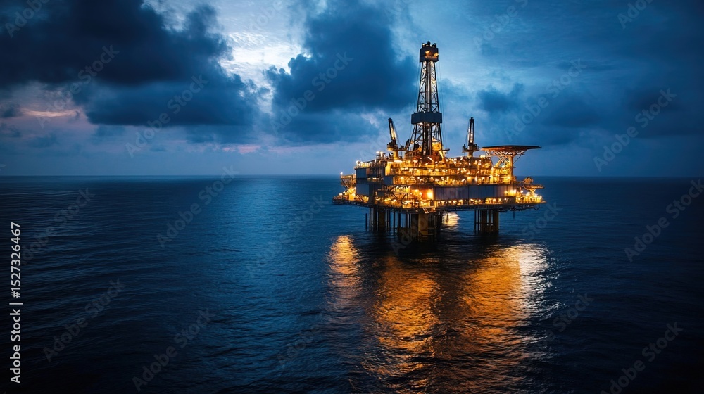 Dramatic Night Offshore Oil Rig Structure in a Vast Ocean Scenery Dramatic Night Offshore Oil Rig Structure in a Vast Ocean Scenery