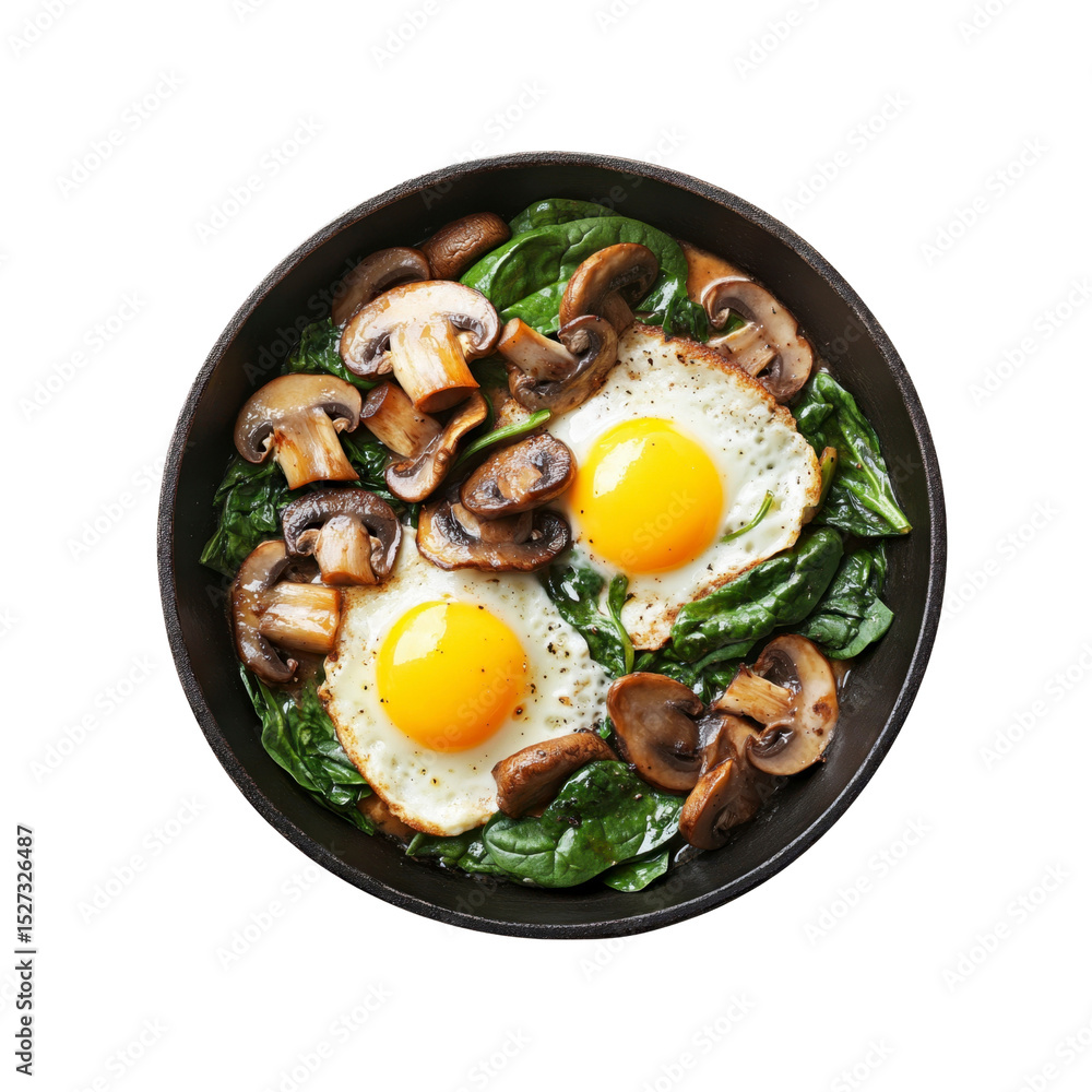 Delicious Fried Eggs with Mushrooms and Spinach in a Cast Iron Skillet Delicious Fried Eggs with Mushrooms and Spinach in a Cast Iron Skillet