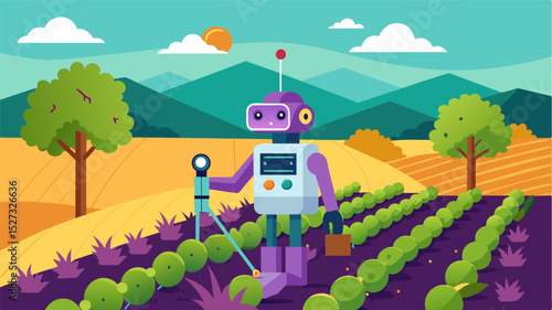 A robot with a specialized spectrometer moves through a gvine measuring sugar levels in each g to determine the optimal time for harvest.. Vector illustration