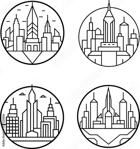 Cyberpunk city scape line art illustration