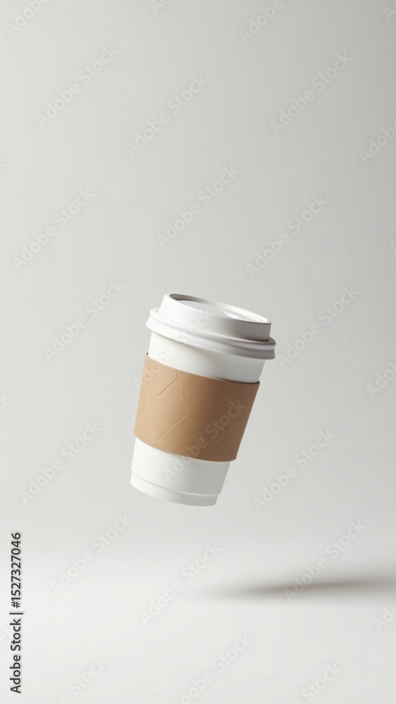 A floating white coffee cup with a brown sleeve on a white background shot A floating white coffee cup with a brown sleeve on a white background shot